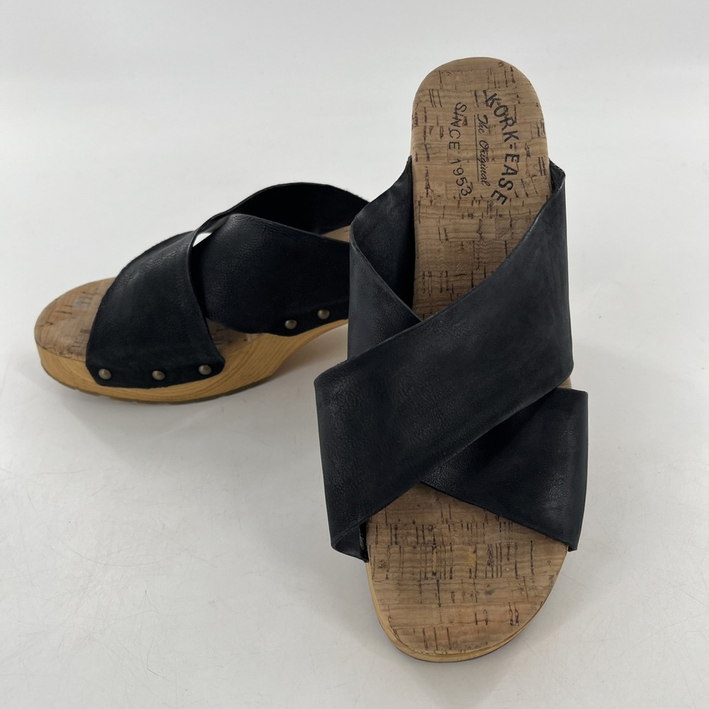 Kork-Ease Womens Tatum Leather Slide Platform Chunky Heel Black Strappy Sandal 8